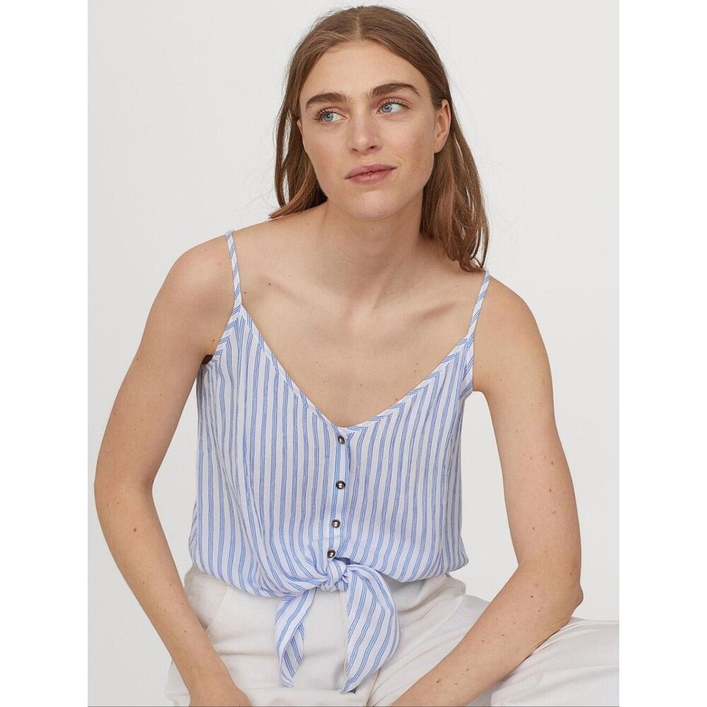 H&M White & Blue Striped Crinkled Tie Hem Cropped Top - Size XS Womens